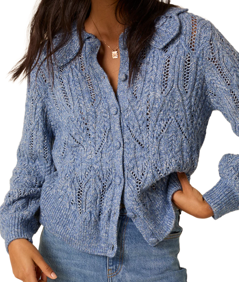 Pointelle Chunky Collar Cardigan - Blue