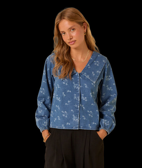 Towan Sailor Embroidered Collar Blouse - Denim