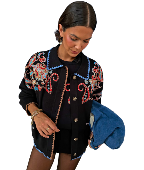 Embroidered Paisley Cardigan - Black