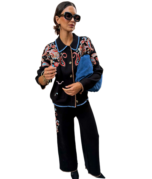 Embroidered Paisley Cardigan - Black