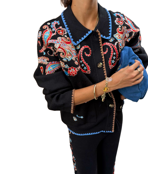 Embroidered Paisley Cardigan - Black