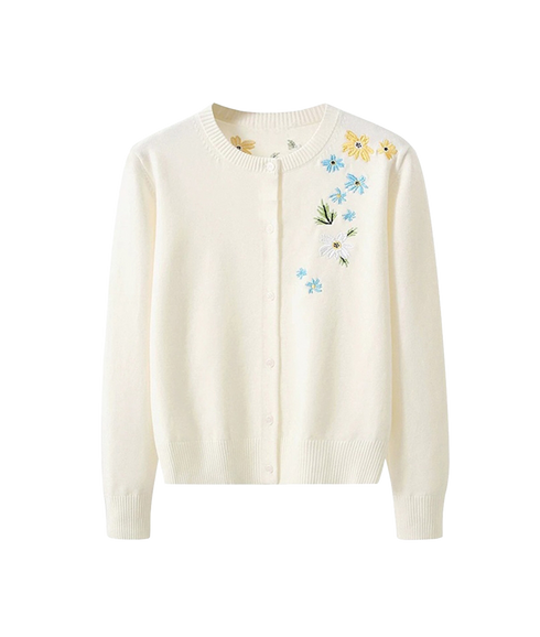 Floral Embroidered Cardigan - Cream
