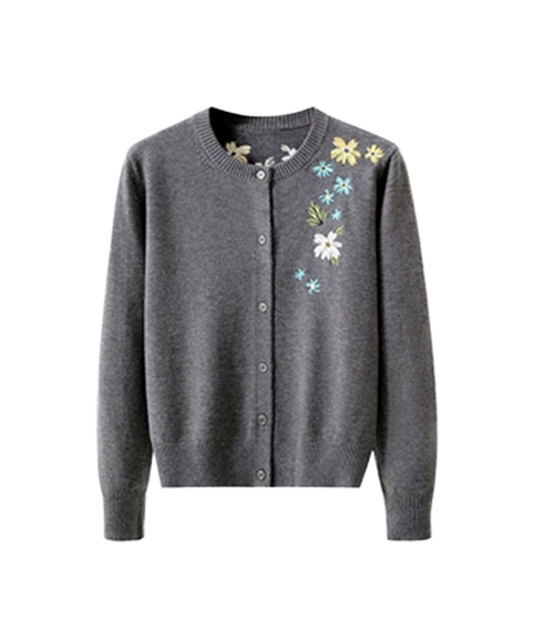 Floral Embroidered Cardigan - Grey