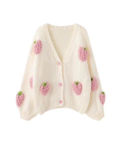 Strawberry Applique Chunky Cardigan - Cream