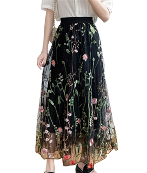 Embroidered Meadow Tulle Skirt - Black