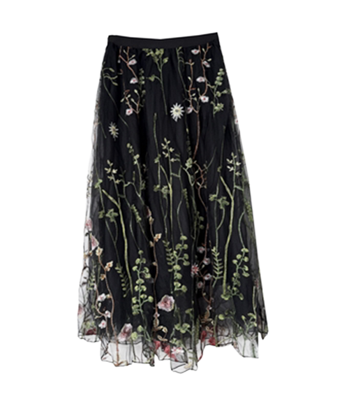 Embroidered Meadow Tulle Skirt - Black