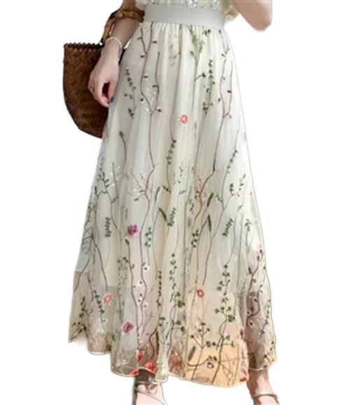 Embroidered Meadow Tulle Skirt - Cream