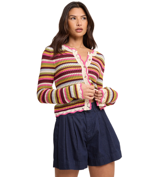 Stripe Mock Crochet Cardigan - Multi