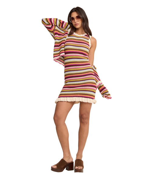 Stripe Mock Crochet Mini Dress - Multi