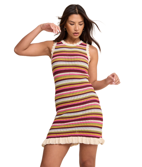 Stripe Mock Crochet Mini Dress - Multi