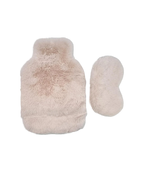 Faux Fur Hot Water Bottle and Eye Mask Set - Cream