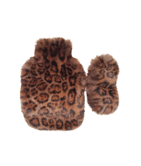 Faux Fur Hot Water Bottle and Eye Mask Set - Choc Leopard