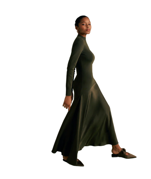 Satin Curved Seam Midi Dress - Khaki