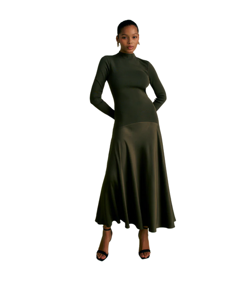 Satin Curved Seam Midi Dress - Khaki