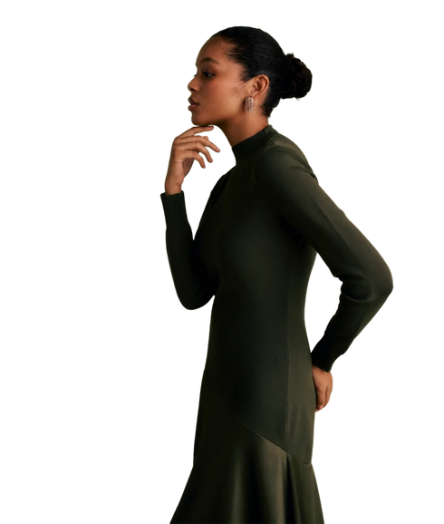Satin Curved Seam Midi Dress - Khaki