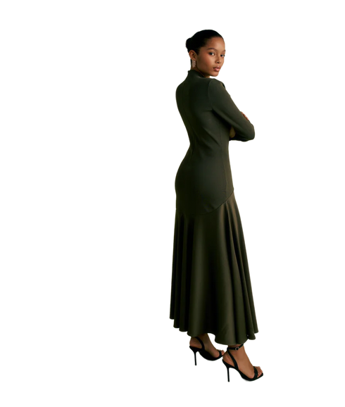 Satin Curved Seam Midi Dress - Khaki