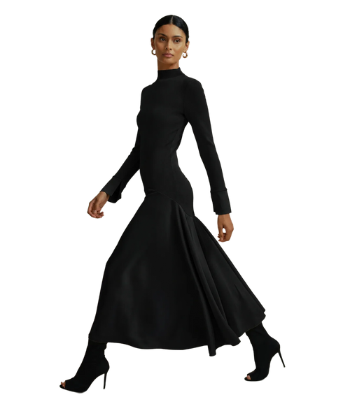 Satin Curved Seam Midi Dress - Black