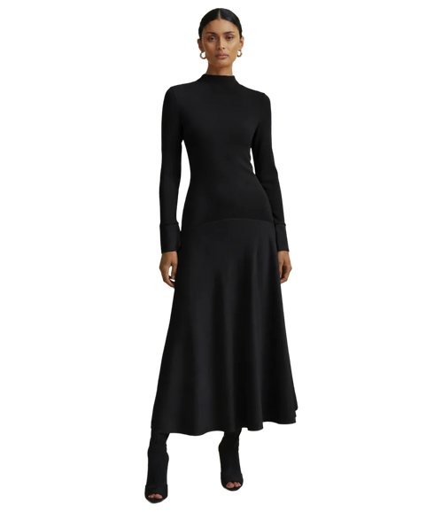 Satin Curved Seam Midi Dress - Black