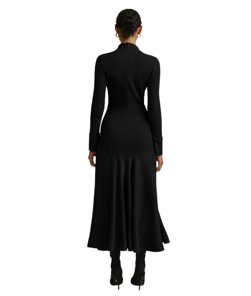 Satin Curved Seam Midi Dress - Black