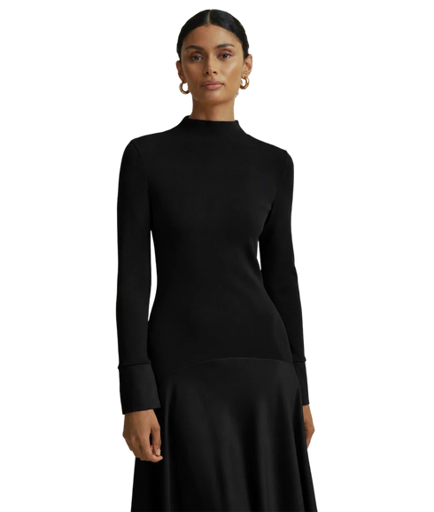 Satin Curved Seam Midi Dress - Black