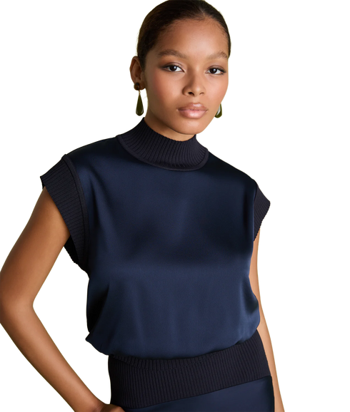 Knit And Satin Top - Navy