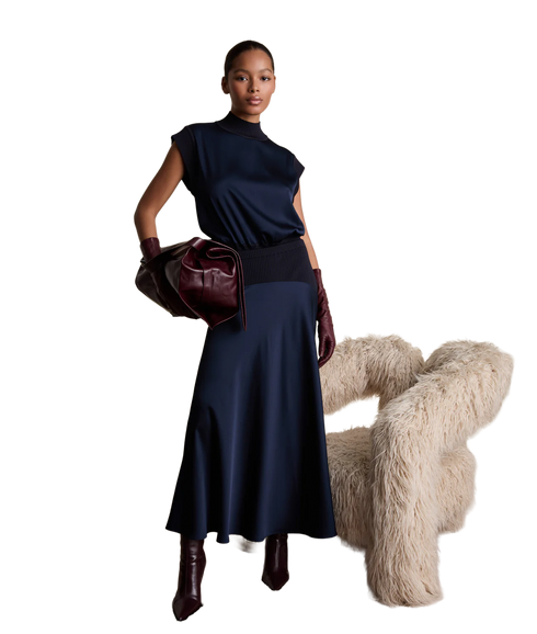 Knit And Satin Top - Navy