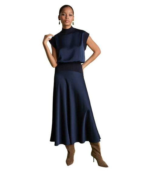 Knit And Satin Top - Navy