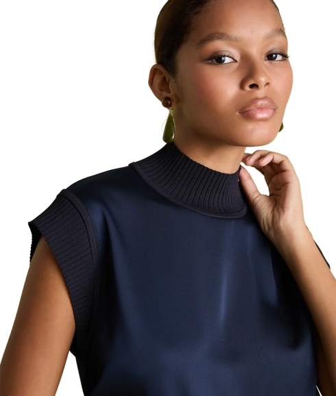 Knit And Satin Top - Navy
