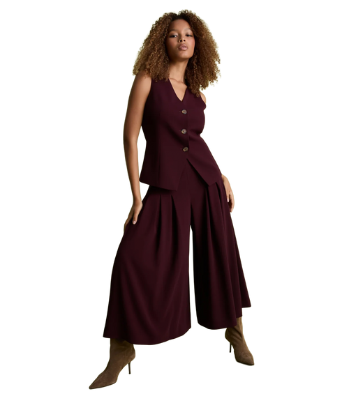 Deep Pleat Wide Leg Culottes - Burgundy