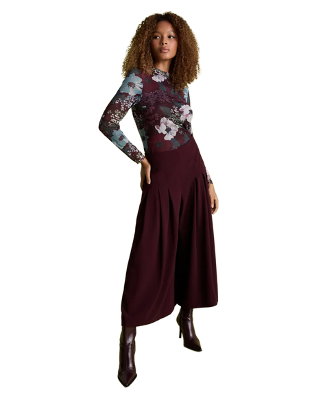 Deep Pleat Wide Leg Culottes - Burgundy