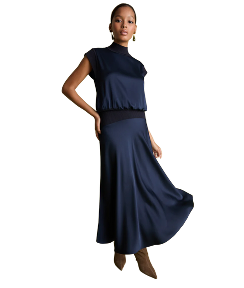 Knit And Satin Skirt - Navy