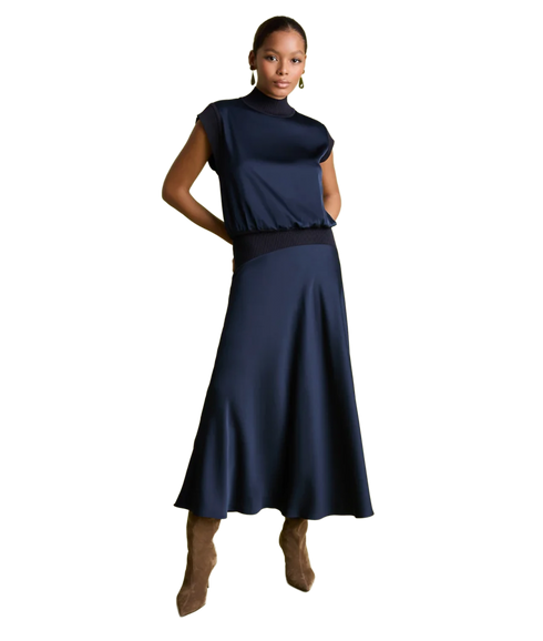 Knit And Satin Skirt - Navy
