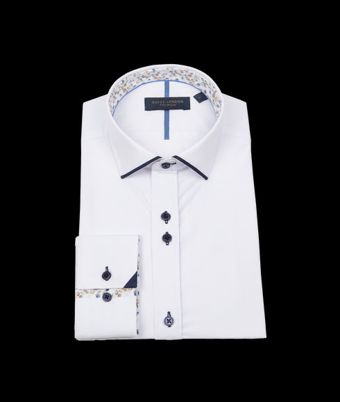 Plain Formal Shirt with Leaf Detail - White/Navy
