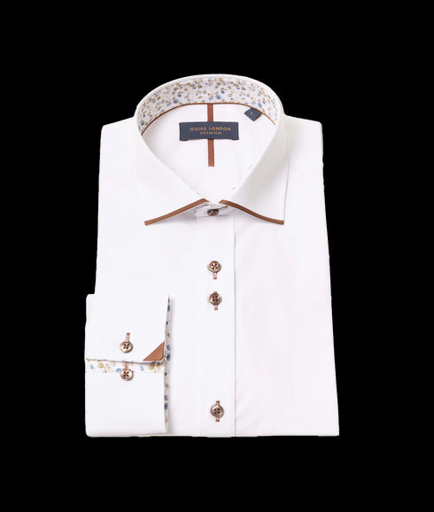 Plain Formal Shirt with Leaf Detail - White/Tan