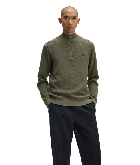 Waffle Stitch Half Zip Jumper - Green