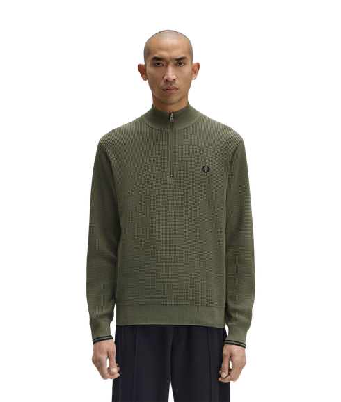 Waffle Stitch Half Zip Jumper - Green