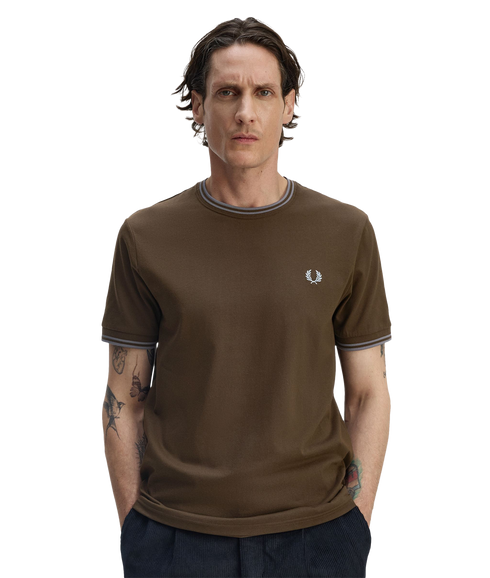 Trim Detail Crepe Pique Tshirt - Brown