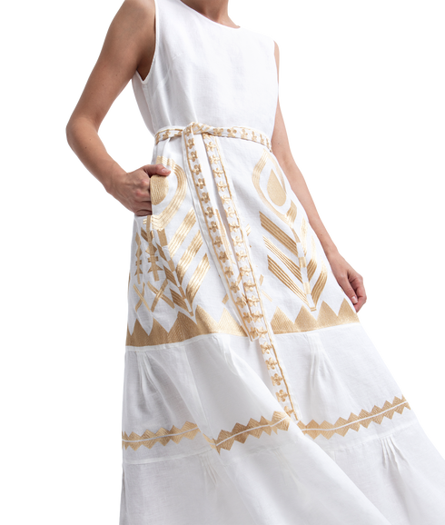 Maxi Dress Feather Sleeveless Belt - White/Gold