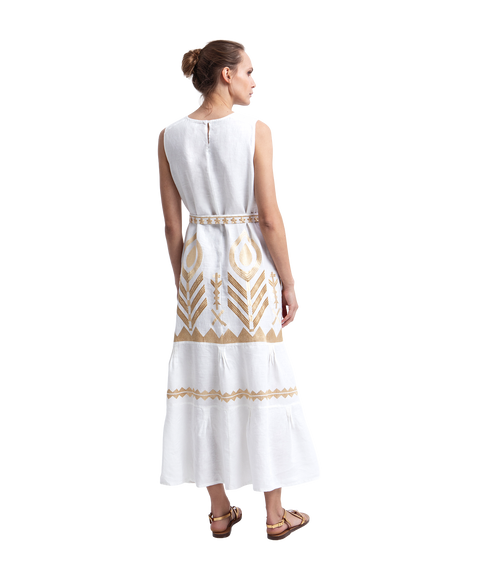 Maxi Dress Feather Sleeveless Belt - White/Gold