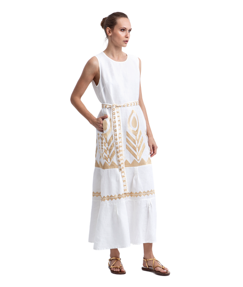 Maxi Dress Feather Sleeveless Belt - White/Gold