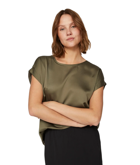 Ellette S/S Satin Top - Dusty Olive