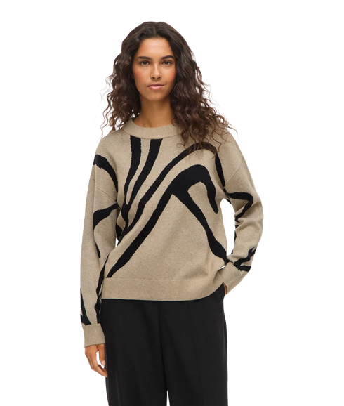 Tif Jacquard L/S Knit Top - Natural Melange Black/Animal