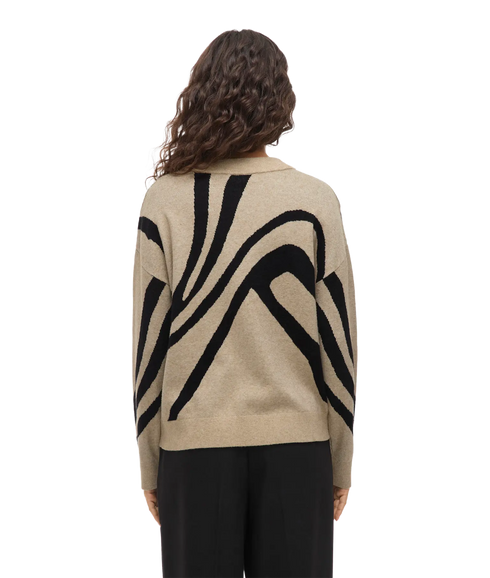 Tif Jacquard L/S Knit Top - Natural Melange Black/Animal