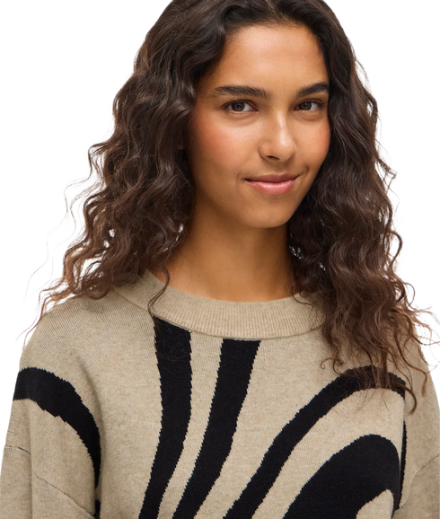 Tif Jacquard L/S Knit Top - Natural Melange Black/Animal