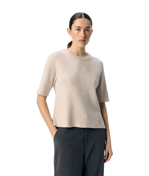 Elva 2/4 Re O-Neck Knit - Humus White Sand Melange