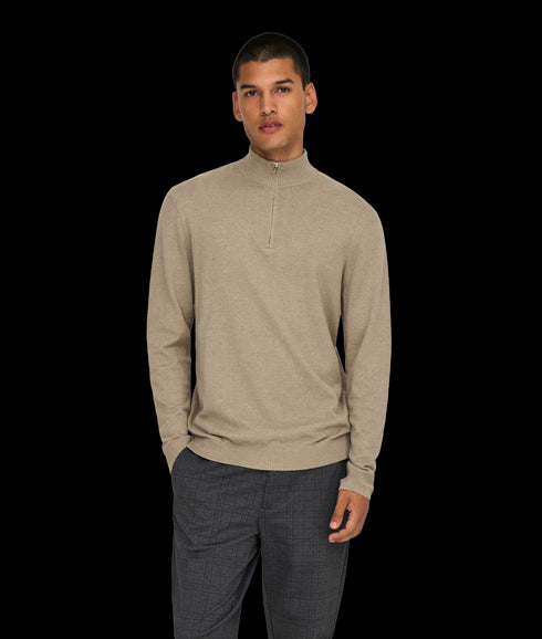Loui Reg 12 Mel Half Zip Knit Noos - Desert Taupe Melange
