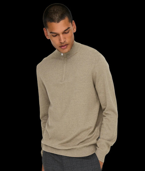 Loui Reg 12 Mel Half Zip Knit Noos - Desert Taupe Melange
