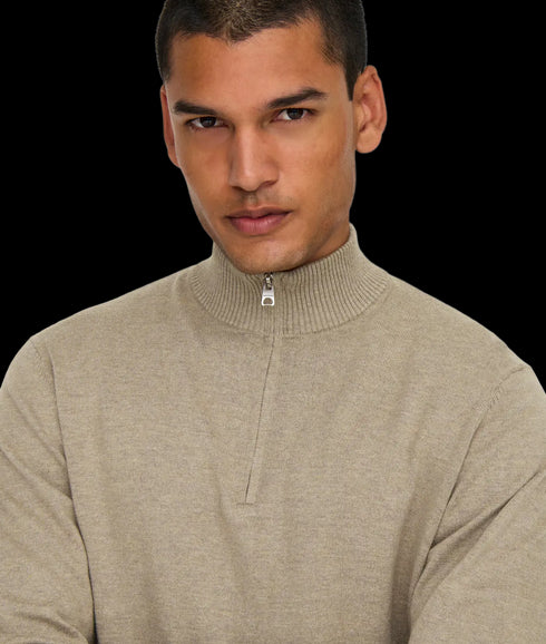 Loui Reg 12 Mel Half Zip Knit Noos - Desert Taupe Melange