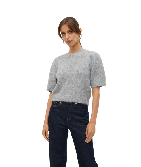 Novah Ss O-Neck Puff Pullover - Medium Grey Melange