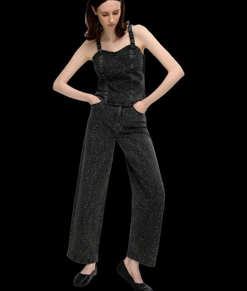 Rhinestone Wide Fit Jeans - Black